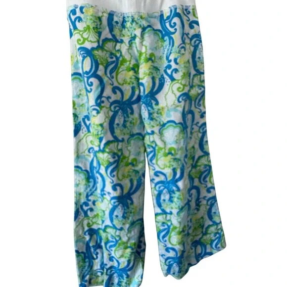 Lilly Pulitzer The Beach Pant Blue Green Shell Paisley Wide Leg Linen Blend M - Picture 8 of 11